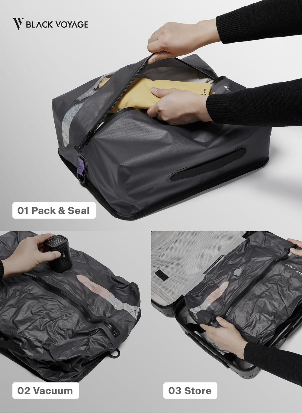 BlackVoyage sac suspendu dans un van montrant rangement organisé en voyage