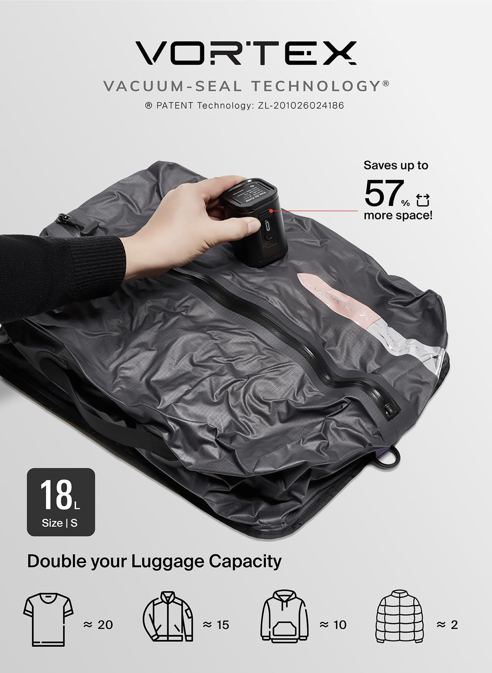 BlackVoyage sac compressé dans une valise cabine illustrant plus d'espace