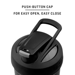 BlenderBottle Batman gros plan sur couvercle push-button, ouverture sécurisée facile