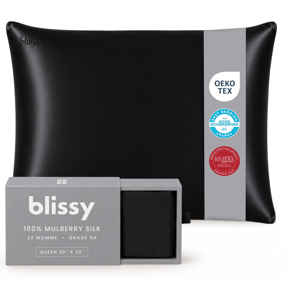 Blissy housse d'oreiller noir montrant face avant élégante et protection du cheveu