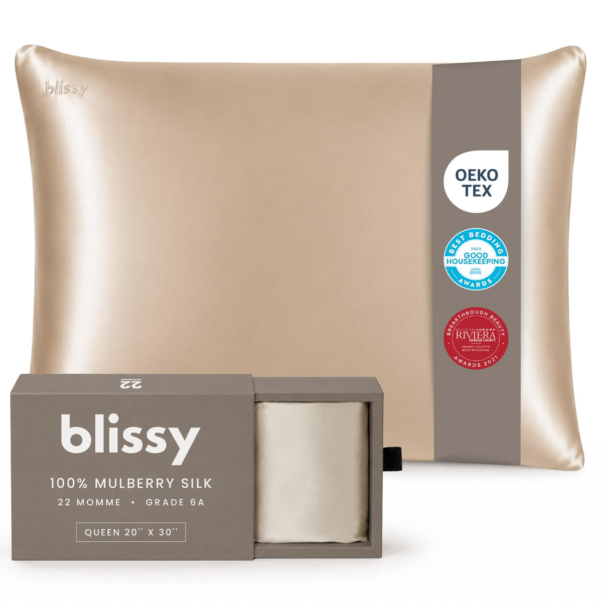 Blissy housse d'oreiller avant vue Champagne, élégance et protection cheveux