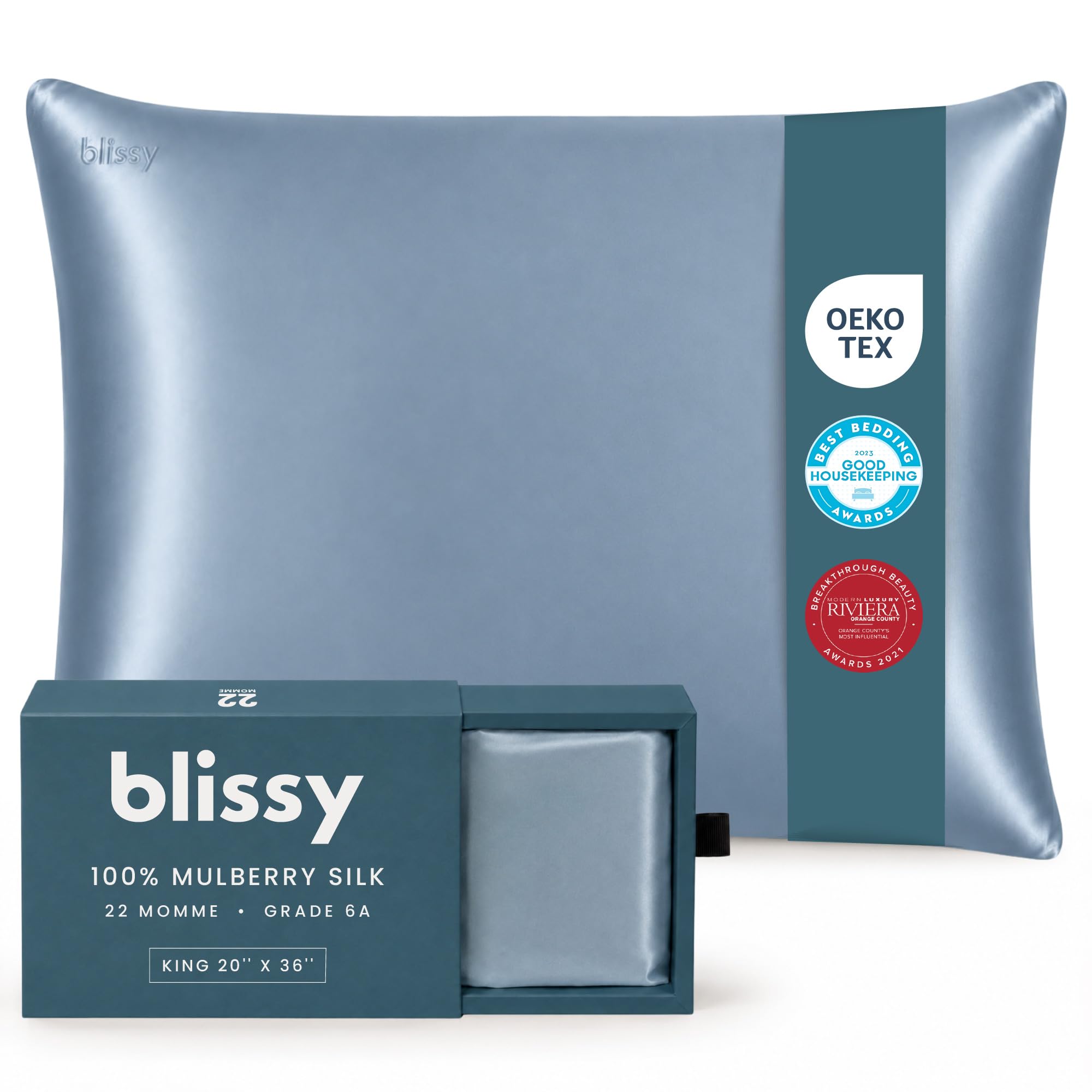 Blissy housse d'oreiller face Ash Blue montrant finition et style pour confort immédiat
