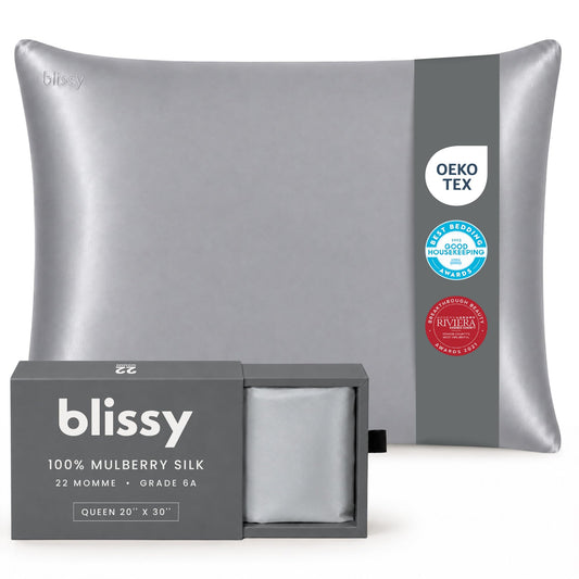Blissy taie argent queen plan avant, protège cheveux et peau
