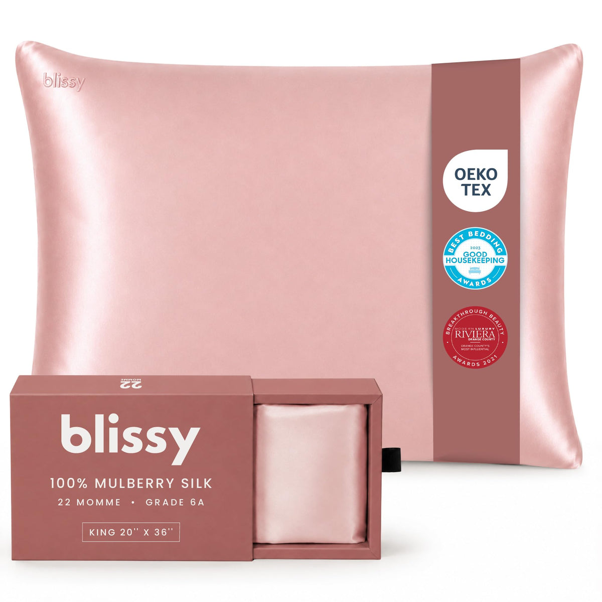 Blissy taie King rose montrant l'avant et le drapé, finition soyeuse bénéfique au confort