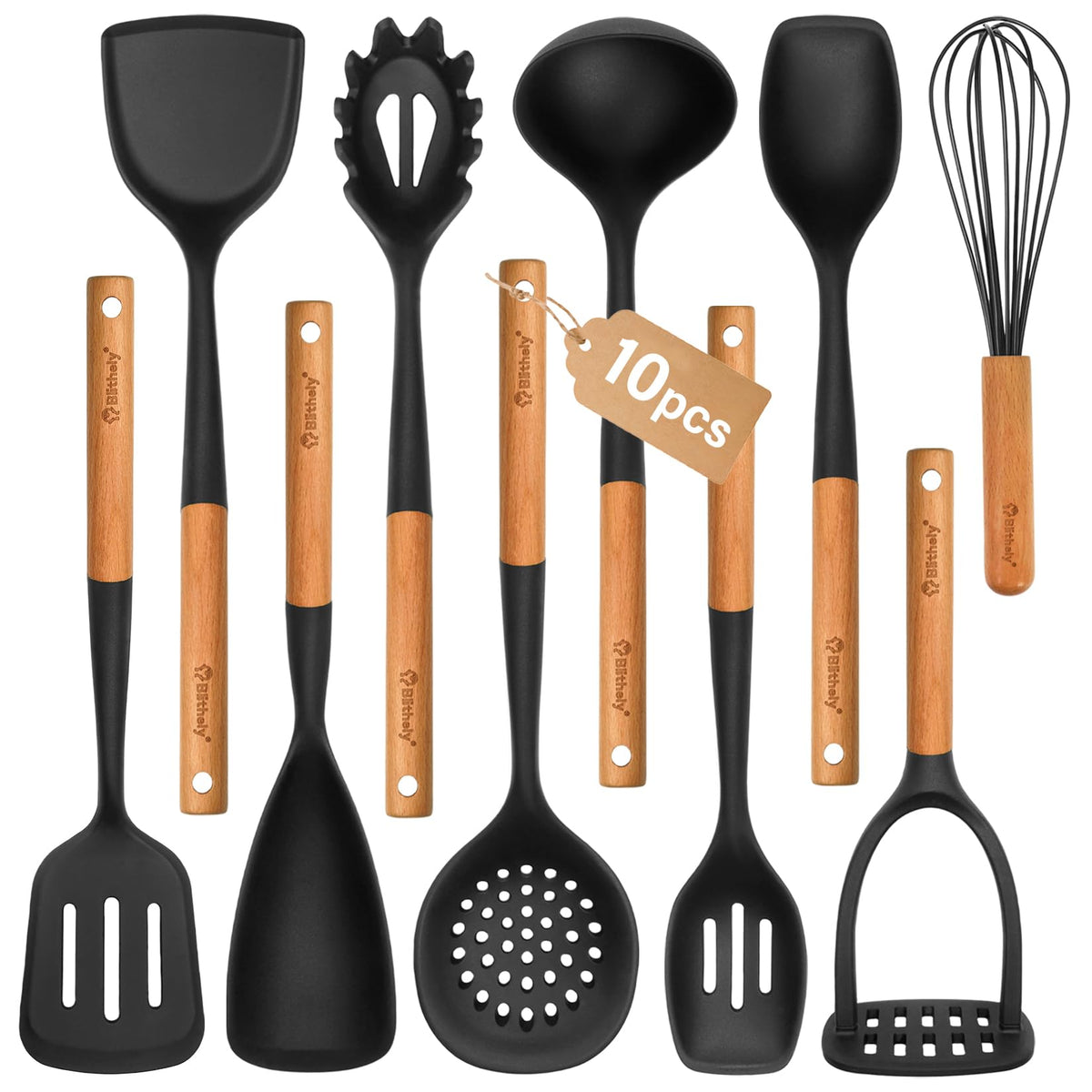 Blithely ensemble 10 ustensiles en silicone noir présenté posé, gain de place