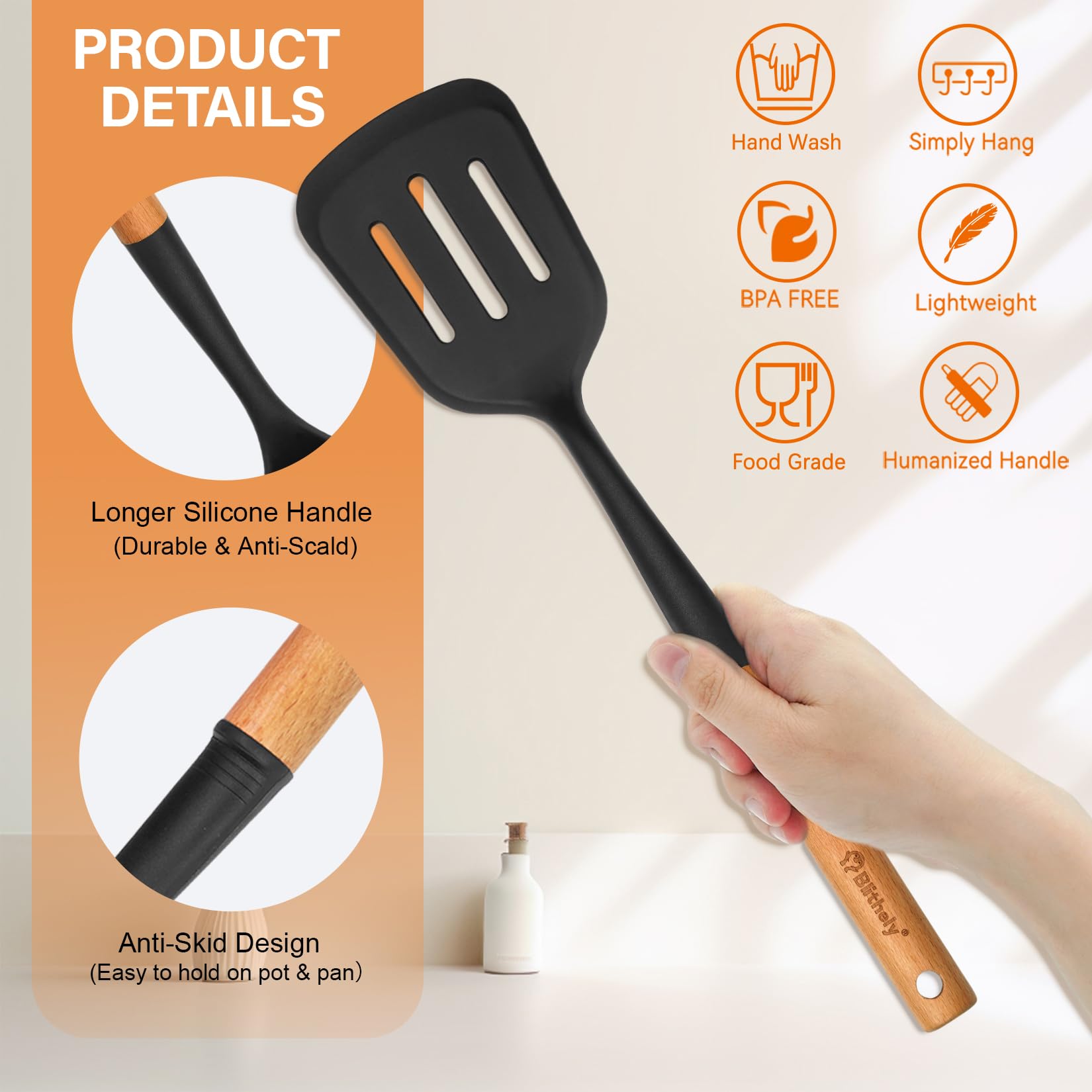 Blithely manche en bois gros plan, prise confortable et isolation thermique