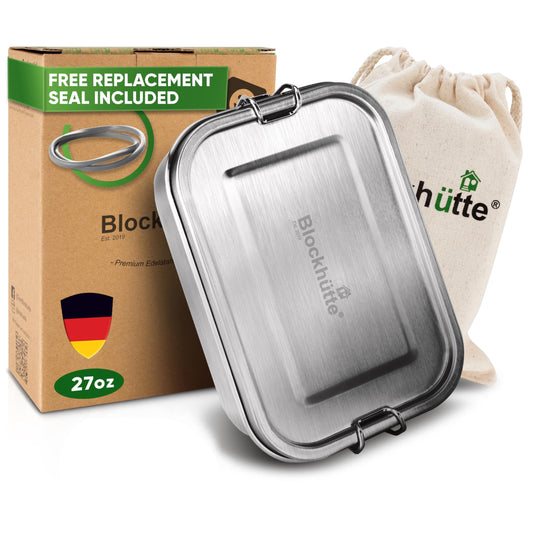 Blockhütte face avant montrant la lunch box inox, design robuste et portable