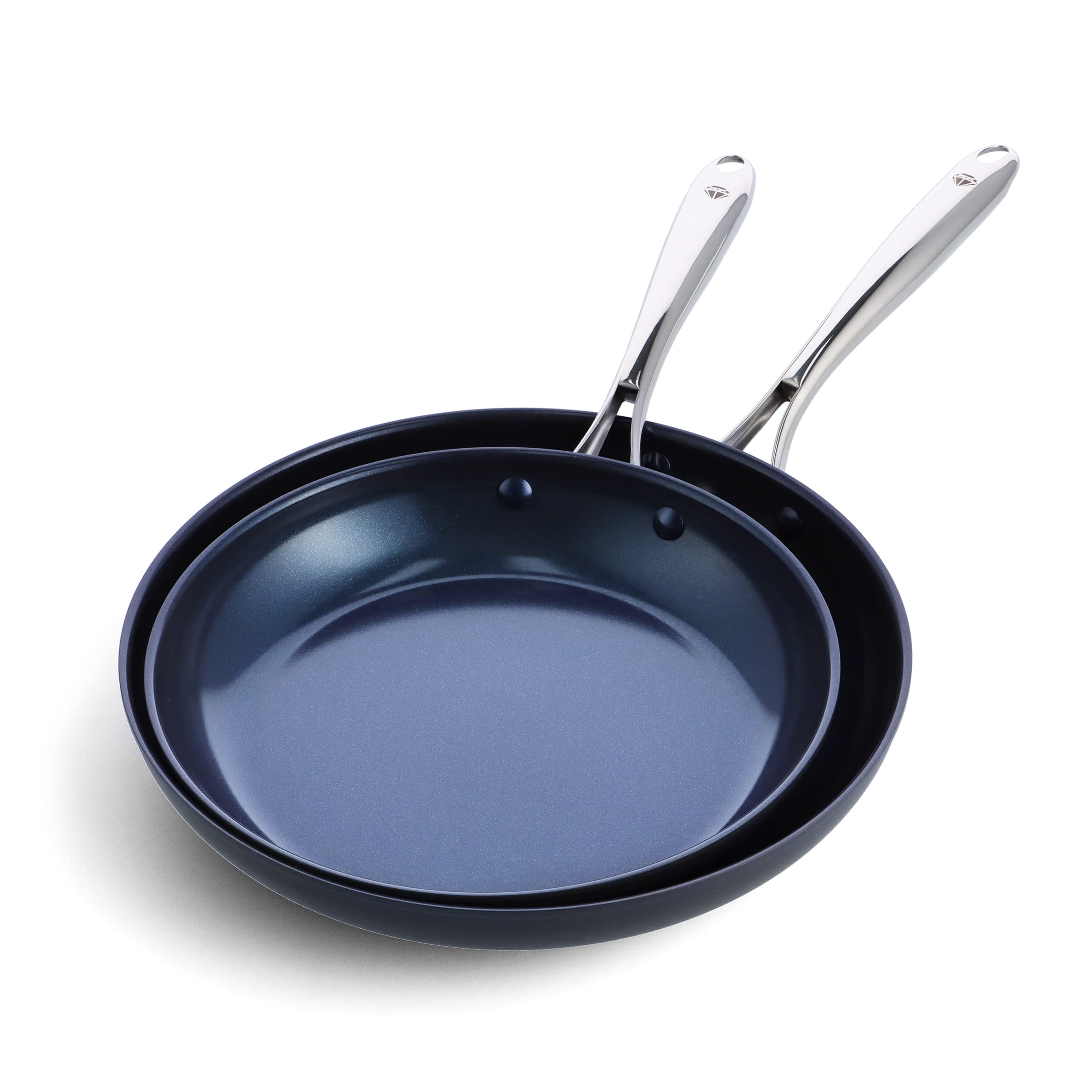 Blue Diamond vue avant des poêles 10" et 12" montrant finition et design