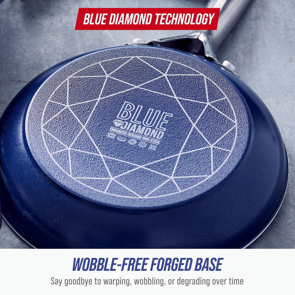 Blue Diamond poêle comparée à une assiette, échelle 12 pouces claire