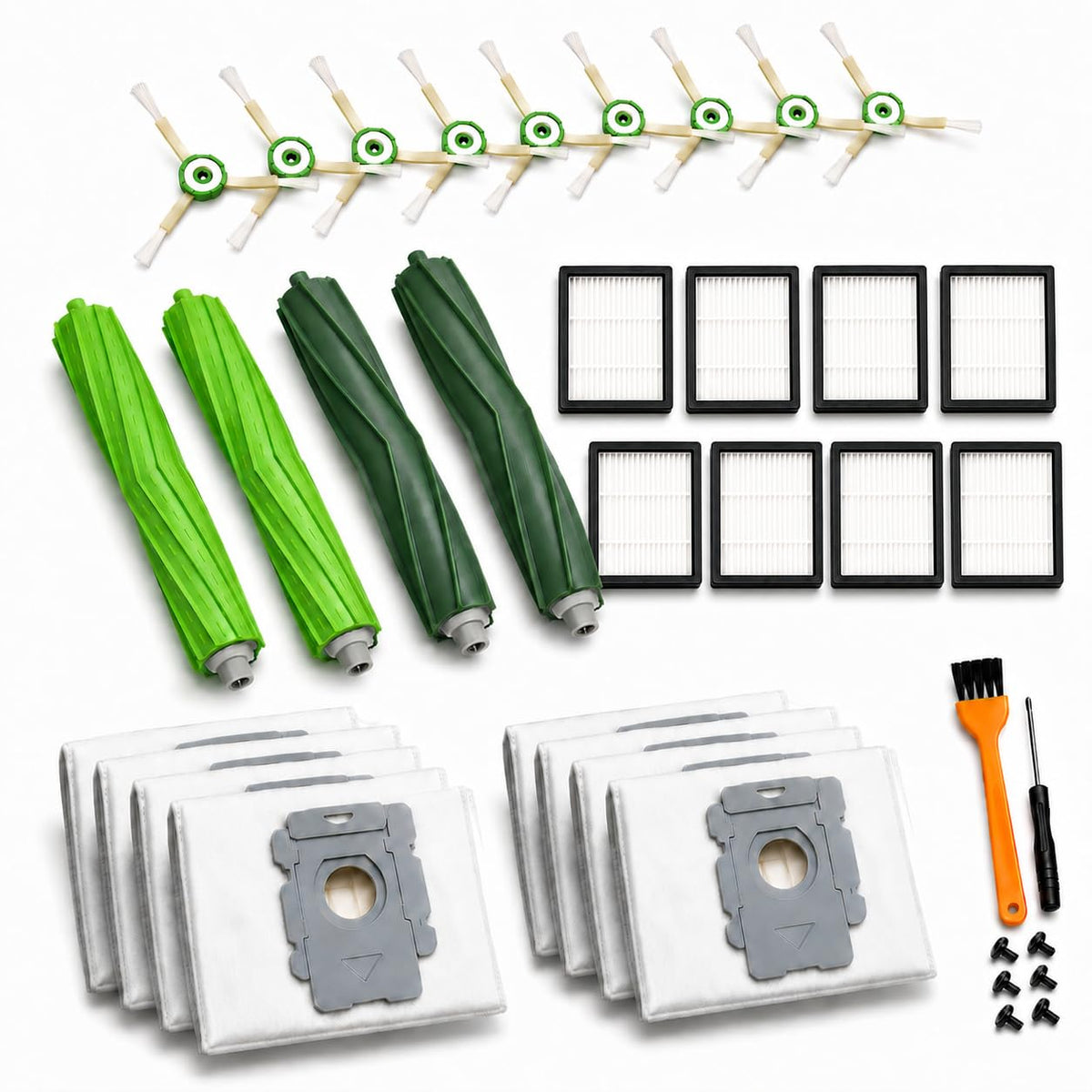 Bluearks vue avant du pack complet montrant toutes les pièces pour entretien Roomba, fiabilité