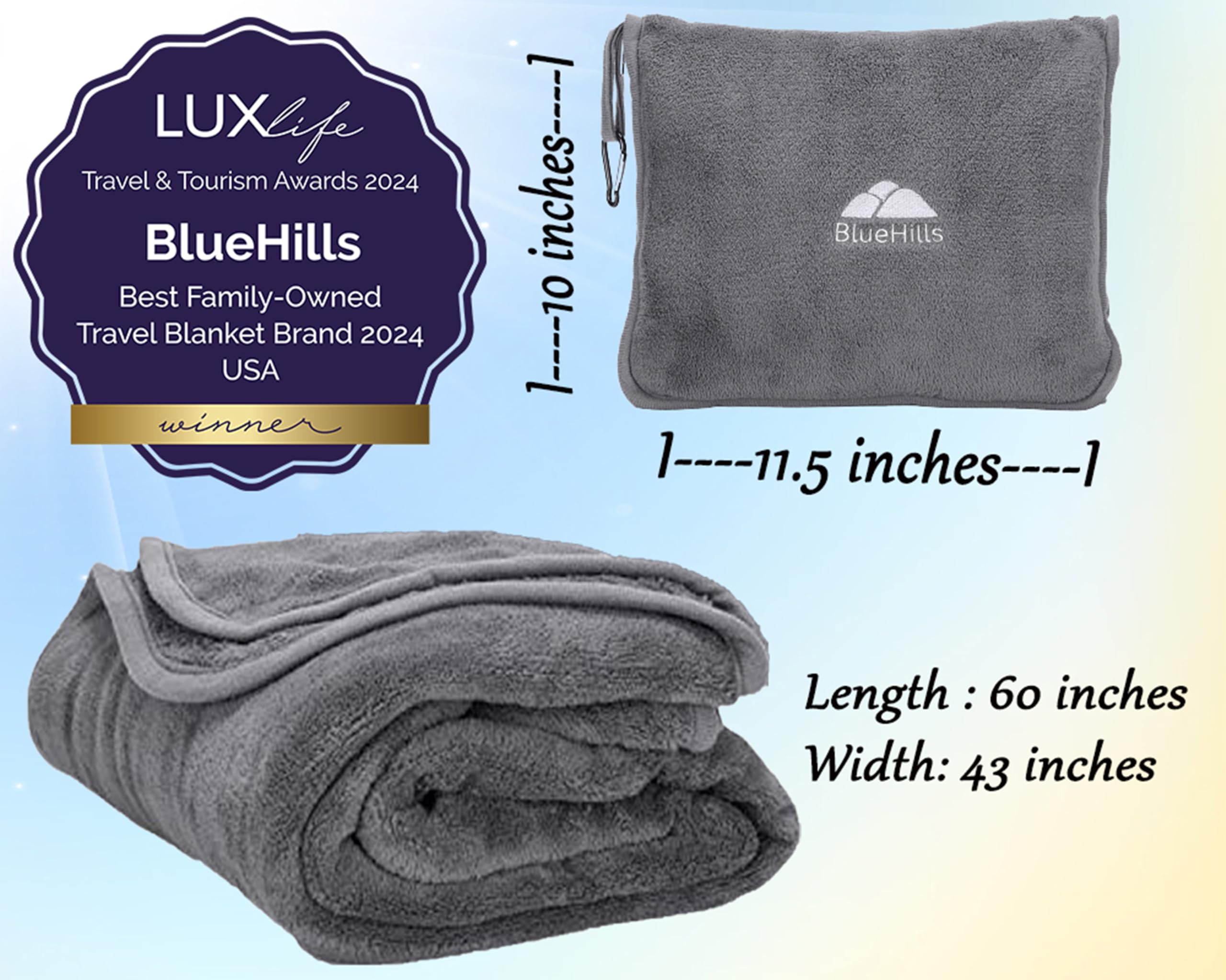 BlueHills couverture déployée montrant dimensions et capacité pour deux