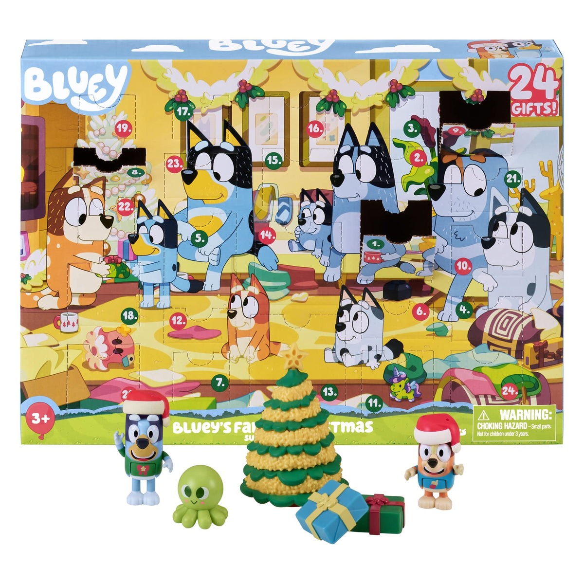 Bluey packaging avant montrant 24 surprises pour anticipation festive