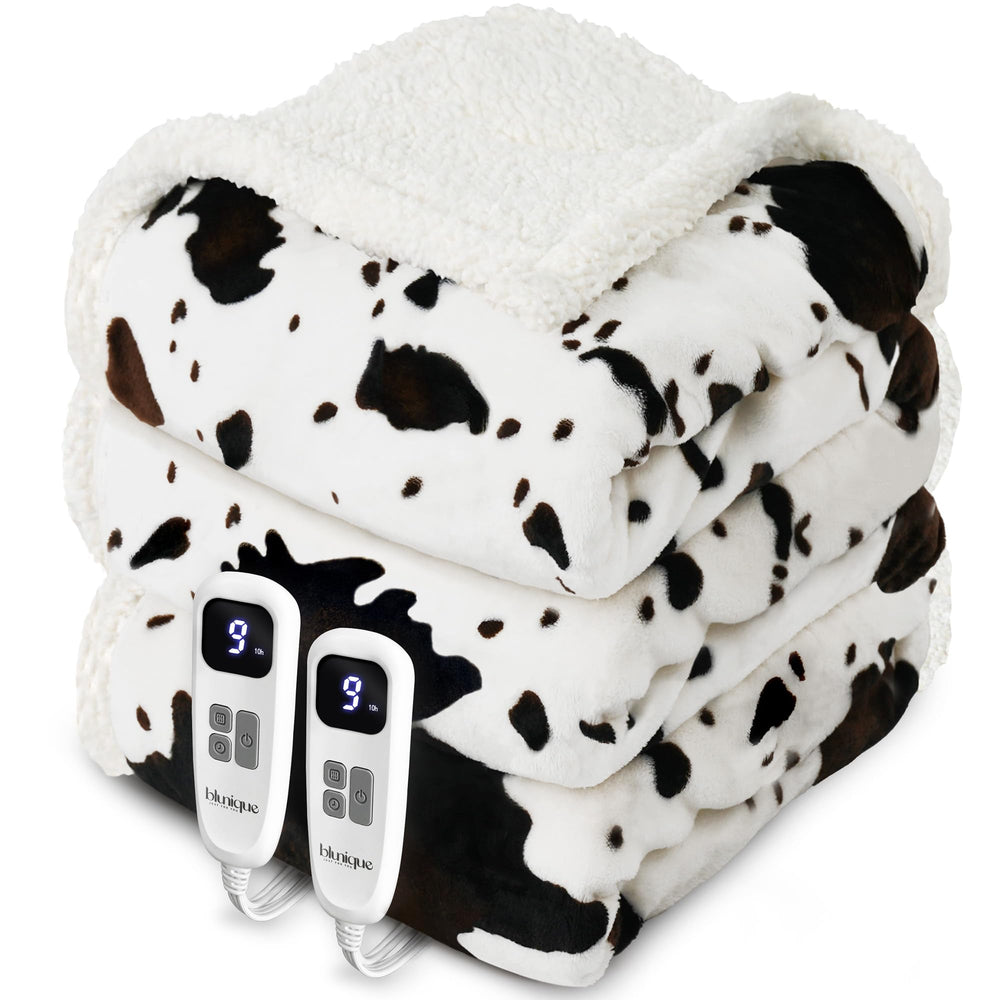 blunique couverture chauffante devant montrant motif cow print et chaleur instantanée