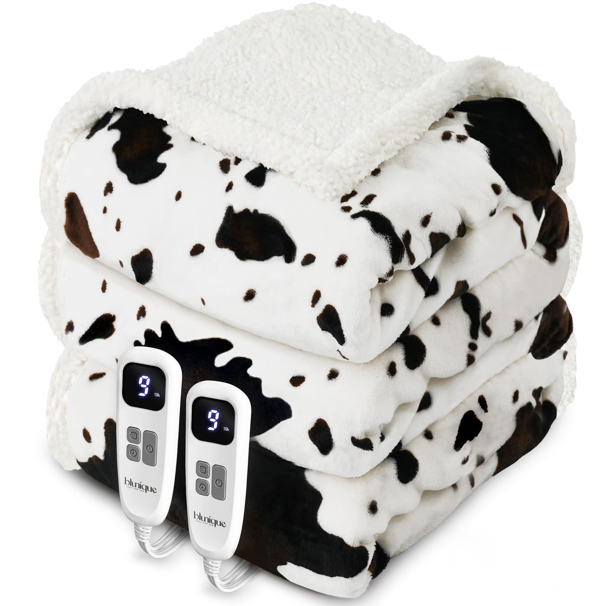 blunique couverture chauffante devant montrant motif cow print et chaleur instantanée