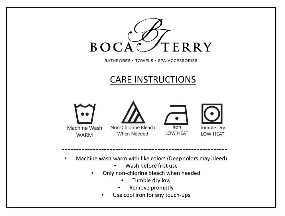 Boca BT TERRY étiquette d’entretien affichant instructions faciles