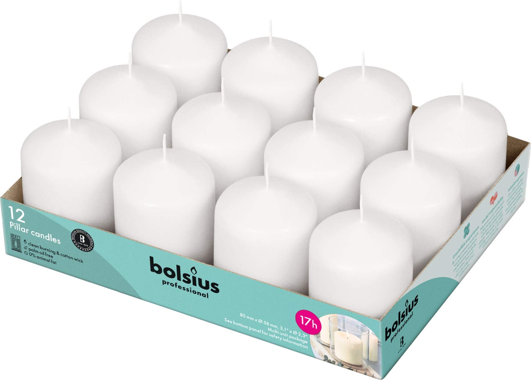 BOLSIUS vue avant du lot de 12 bougies pilier montrant la présentation élégante