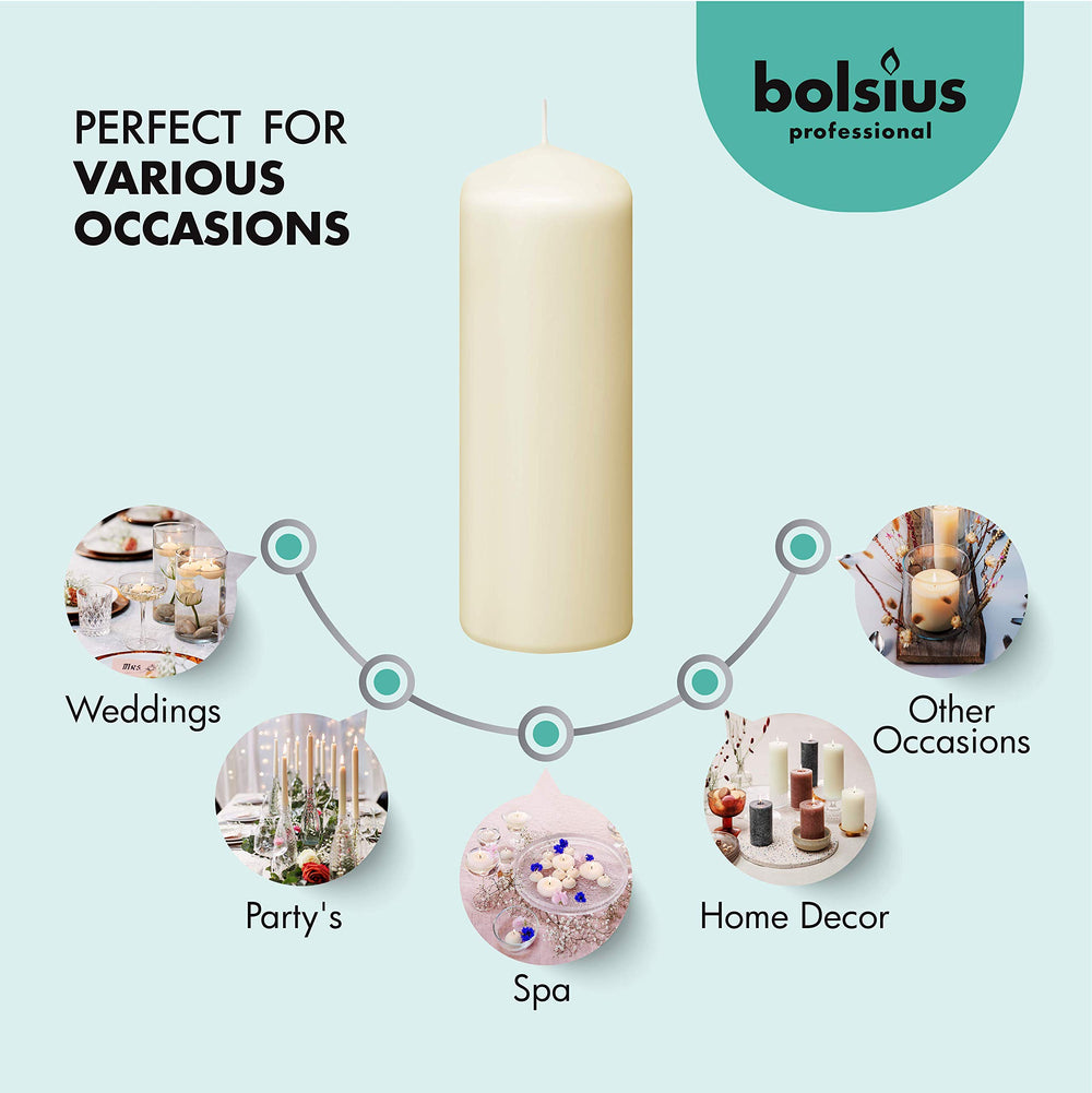 BOLSIUS ensemble de 20 bougies pilier disposées, idéal pour événements et réceptions
