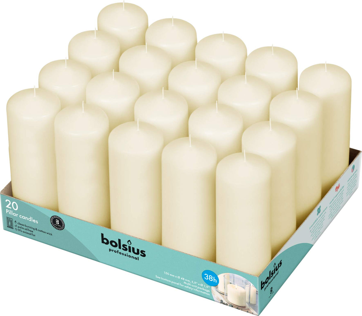BOLSIUS emballage avant du lot de bougies pilier ivoire, présentation pratique