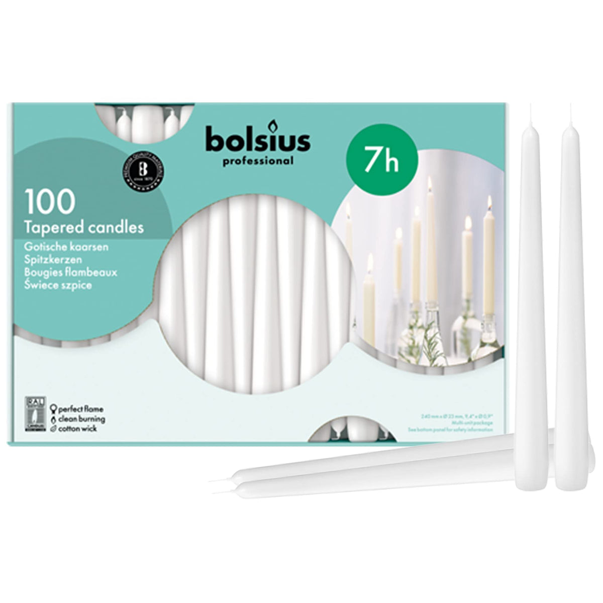 BOLSIUS emballage avant montrant le lot de 100 bougies, économie assurée