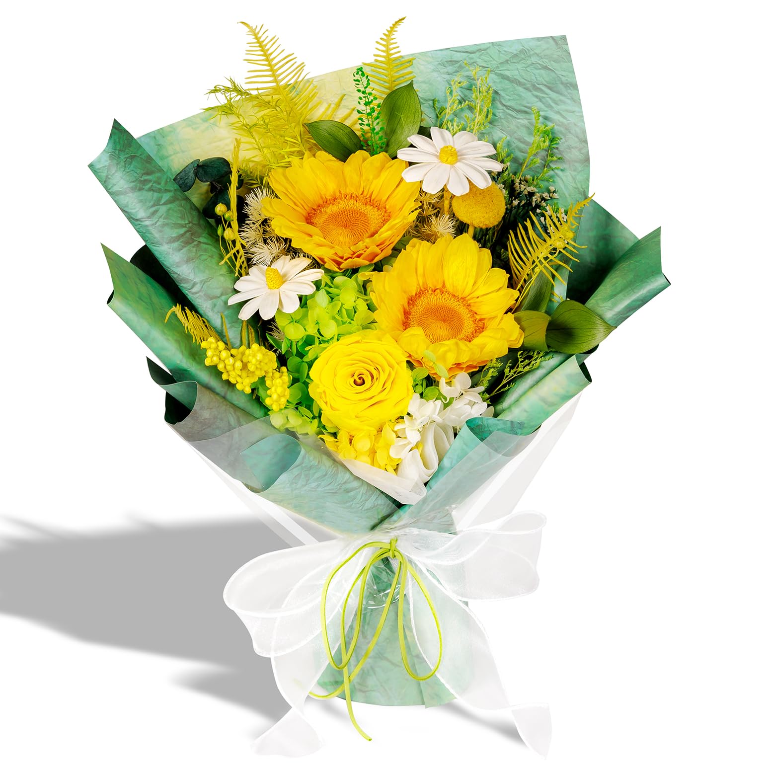 Bonsion vue avant du bouquet jaune prêt à offrir, cadeau durable