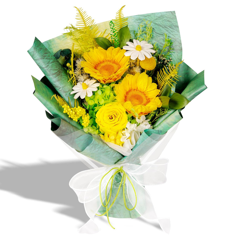 Bonsion vue avant du bouquet jaune prêt à offrir, cadeau durable