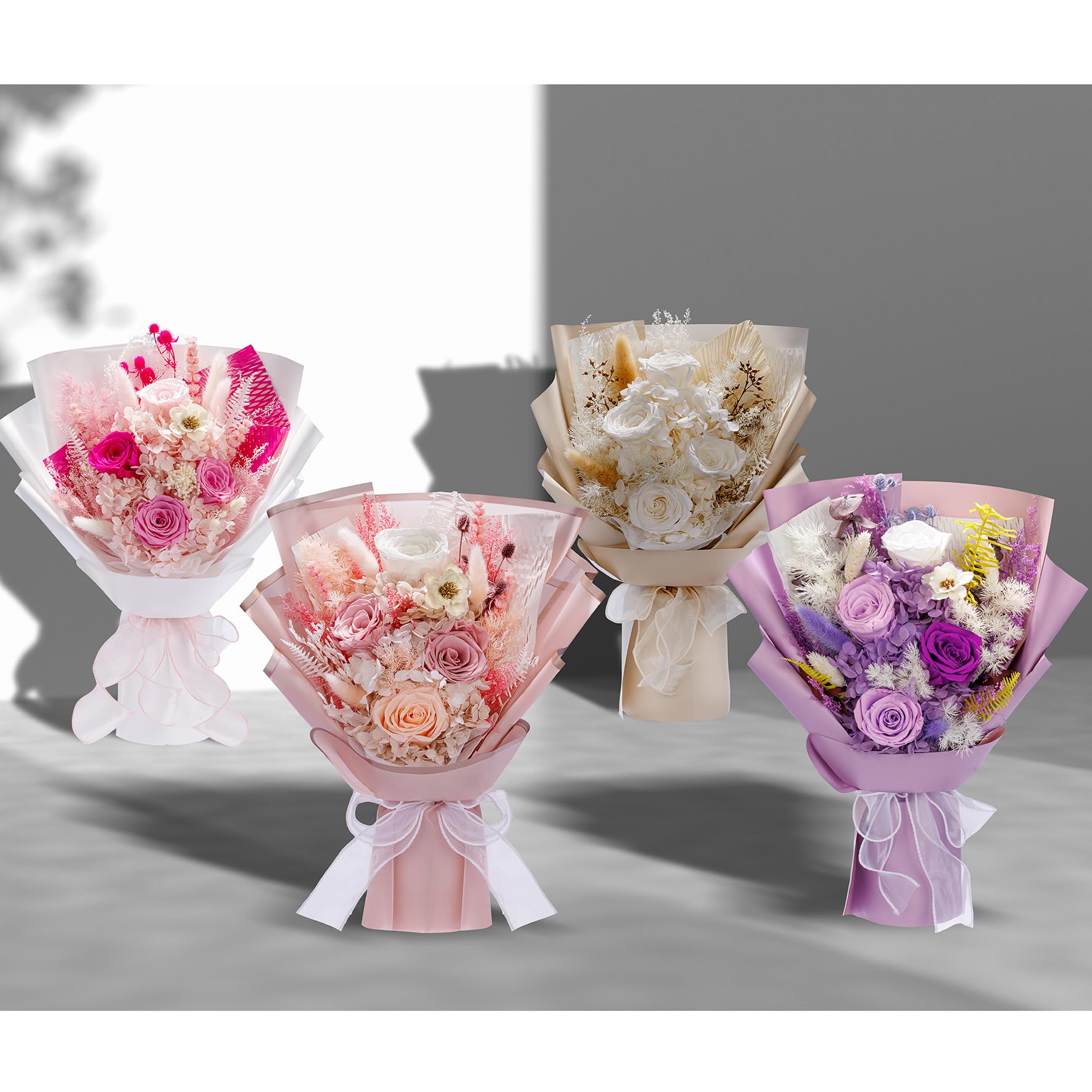 Bonsion fleurs préservées sur table d'anniversaire, atmosphère raffinée