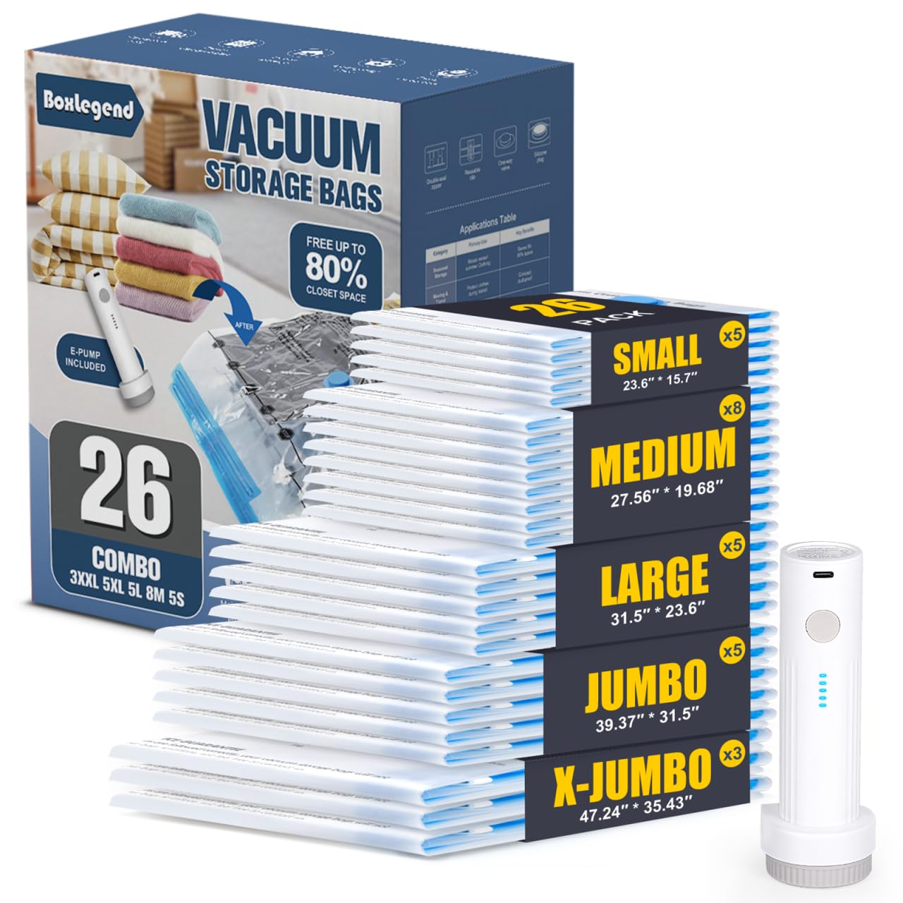 BoxLegend emballage ensemble 26 pièces montrant contenu et tailles, gain de place