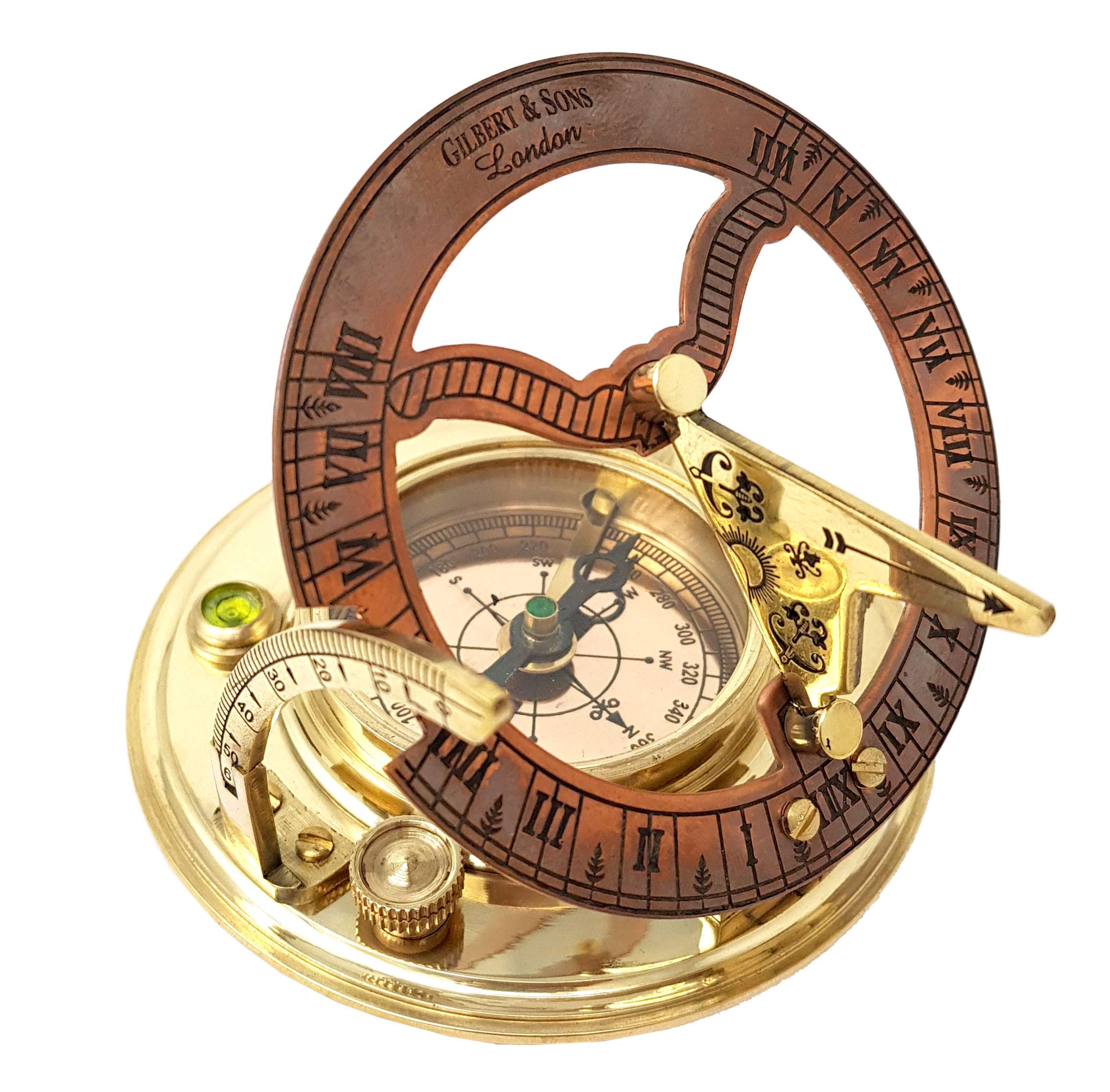 Brass Nautical coffret en cuir ouvert montrant le cadran solaire, présentation soignée