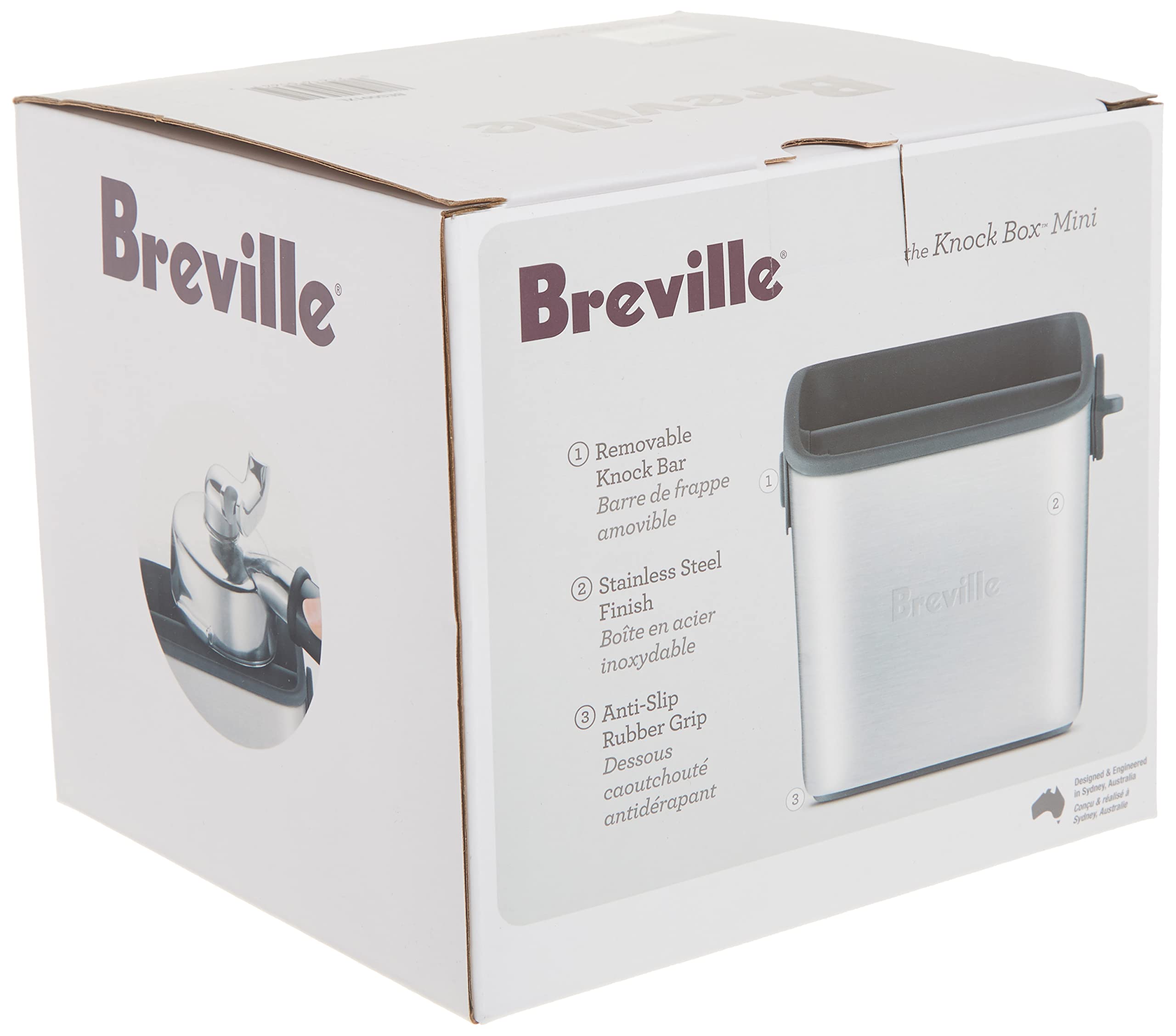 Breville Knock Box Mini comparaison taille avec main pour évaluer encombrement bénéfice gain d'espace