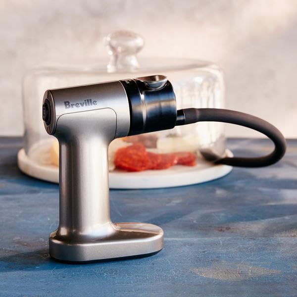 Breville pistolet à fumée tenu en main montrant échelle et portabilité pratique