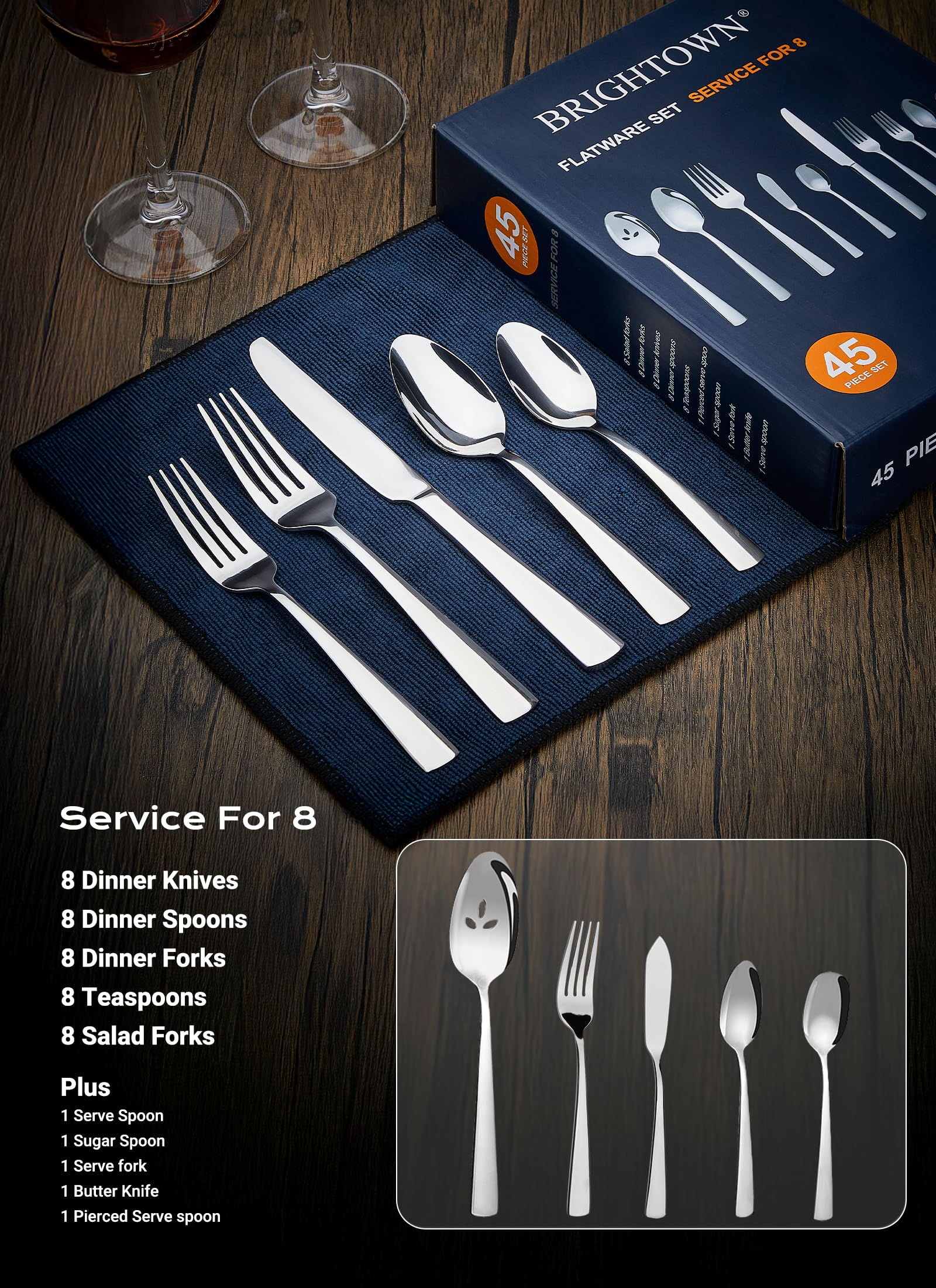 Brightown cuillère et fourchette de service illustrant utilité pour plats