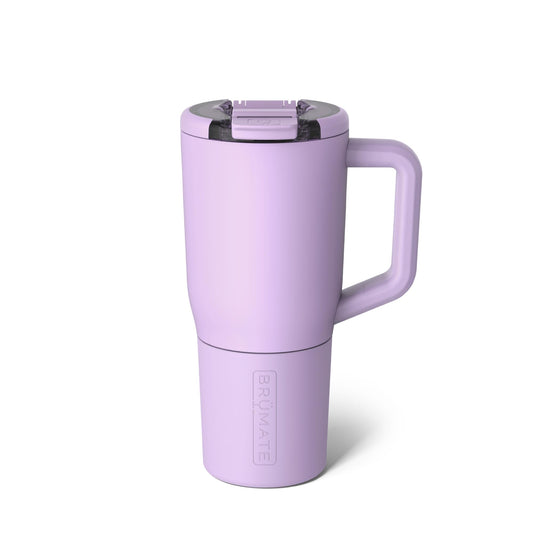 BrüMate vue de face du mug Müv lavande montrant fermeture sécurisée et poignée confortable