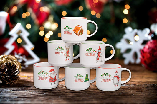 Bruntmor face avant ensemble mugs Noël montrant six designs festifs, apporte convivialité