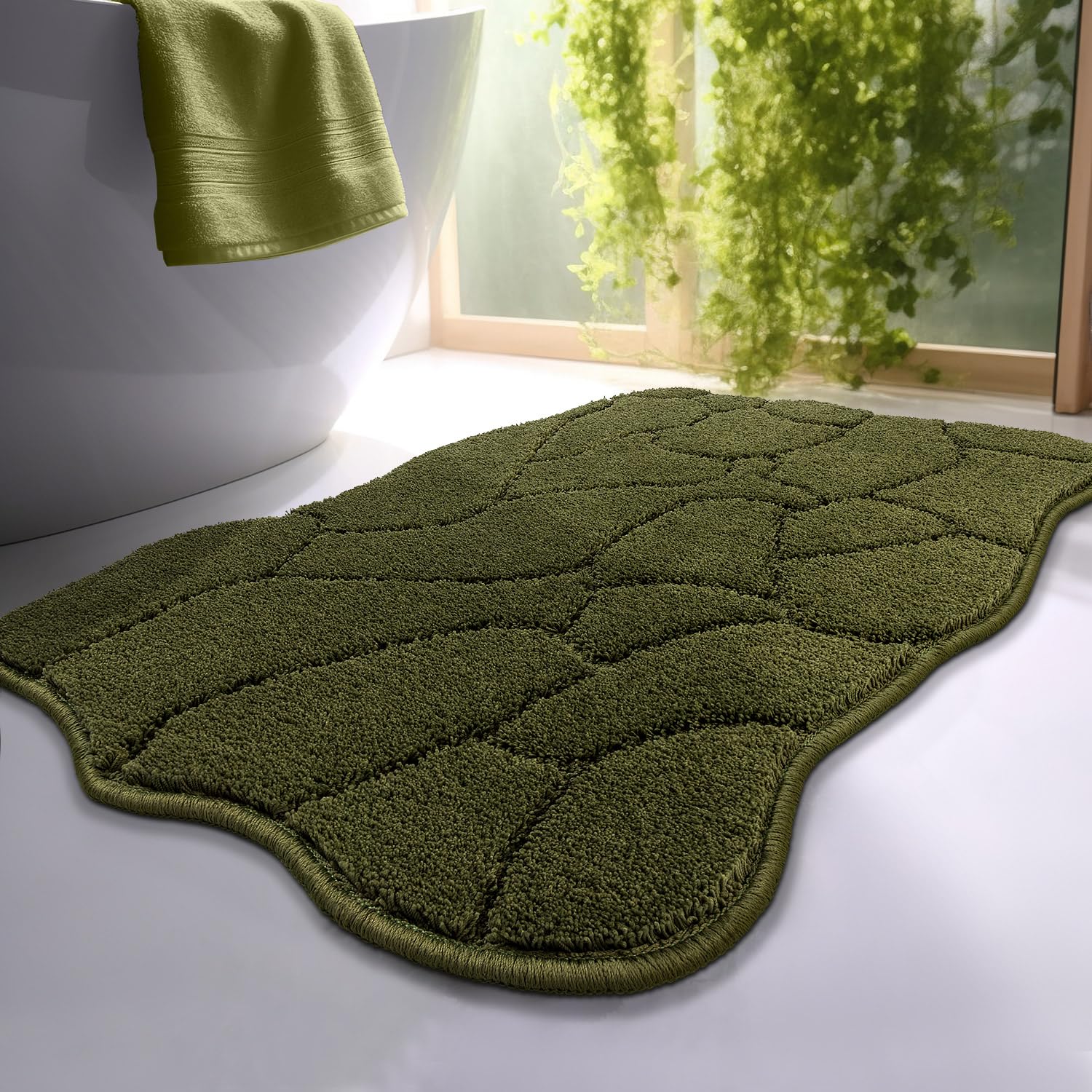 BSICPRO tapis de bain face avant olive montrant design scalloped et esthétique relaxante