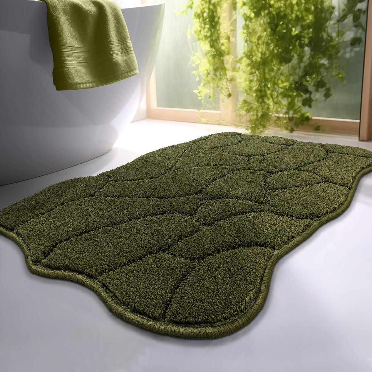 BSICPRO tapis de bain face avant olive montrant design scalloped et esthétique relaxante