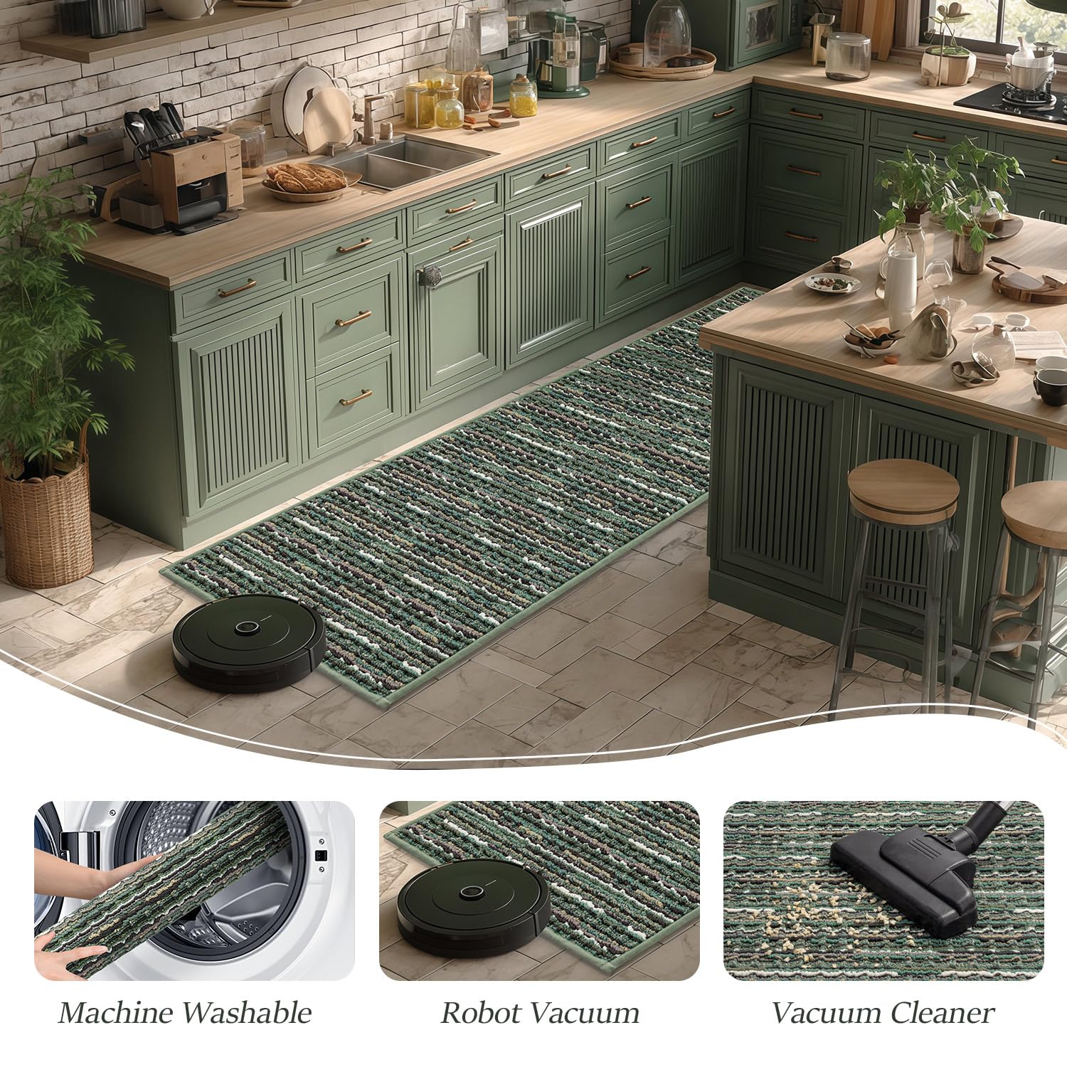 BSICPRO scène de cuisine verte illustrant style et protection du sol au quotidien