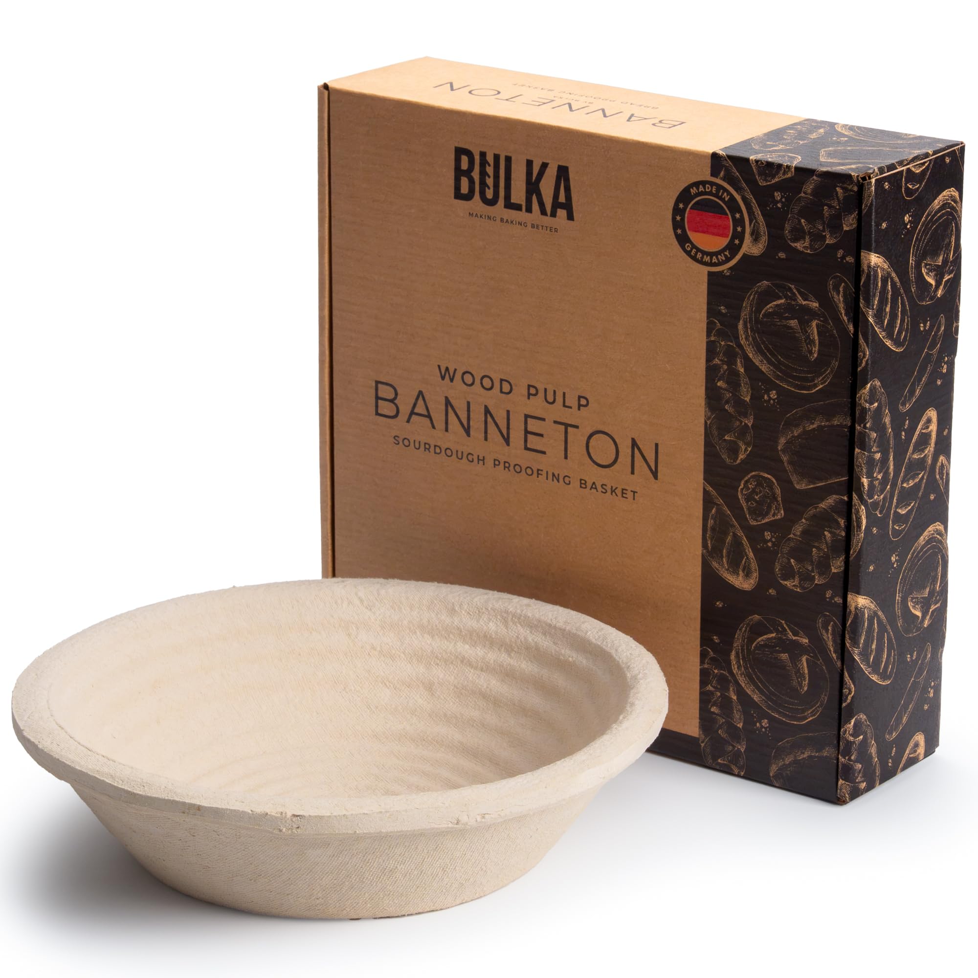 Bulka banneton face avant avec emballage visible, finition naturelle et gain de forme