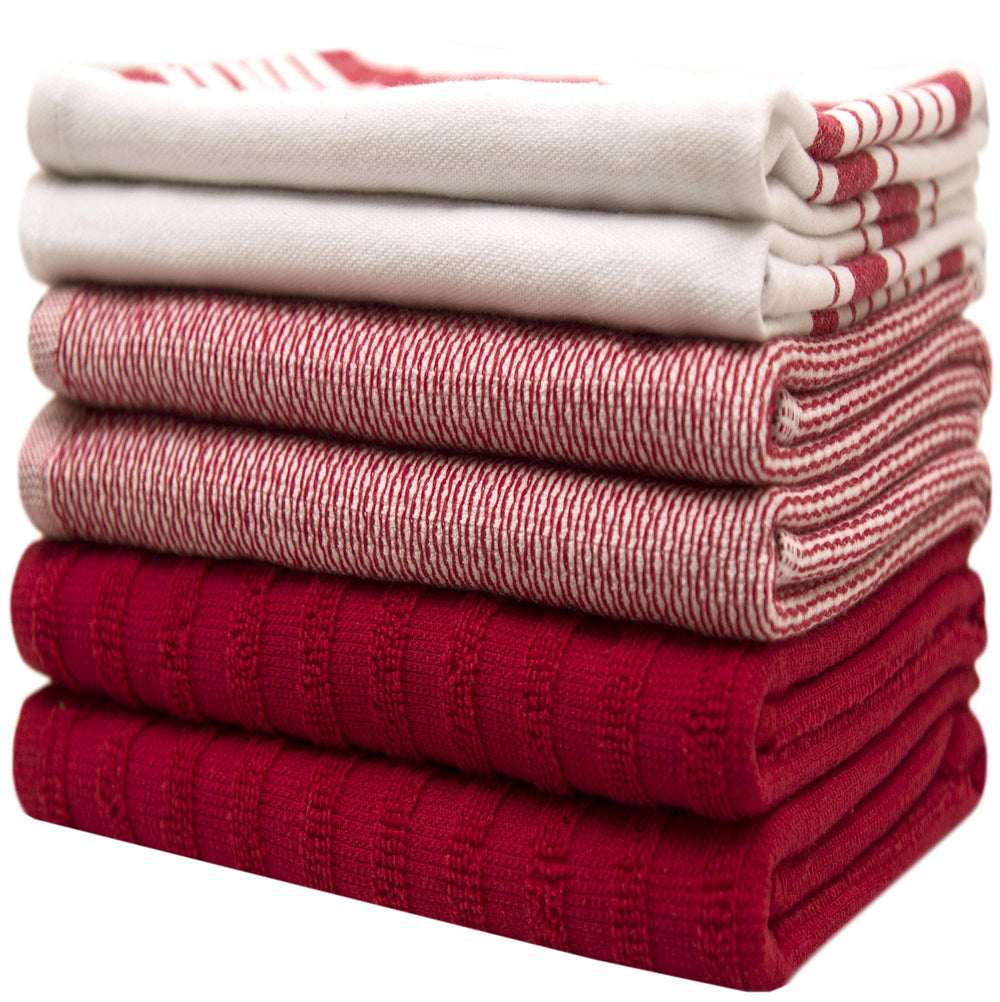Bumble Towels ensemble étalé montrant rayures rouges et mélange de textures, look coordonné