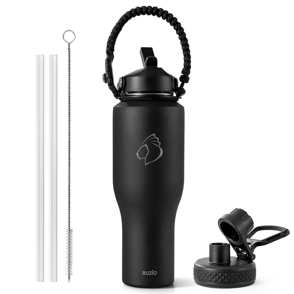 BUZIO vue avant de la bouteille 40 oz montrant le design et la finition durable