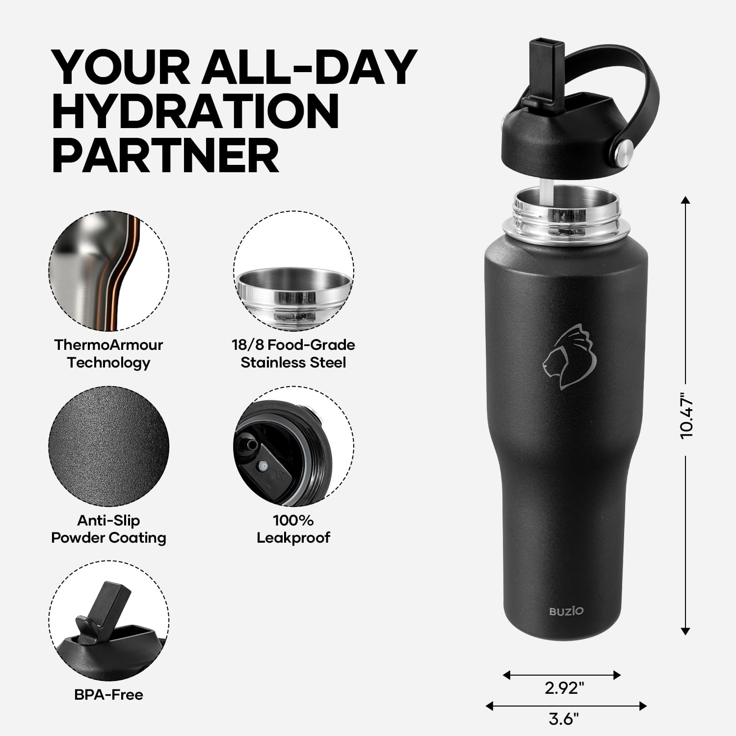 BUZIO comparaison taille avec une main pour apprécier capacité 40 oz compacte