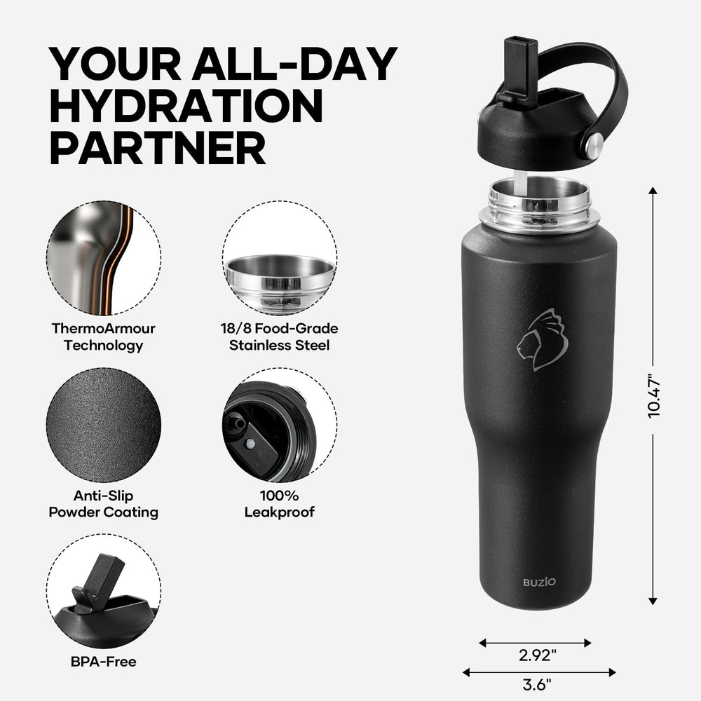 BUZIO comparaison taille avec une main pour apprécier capacité 40 oz compacte