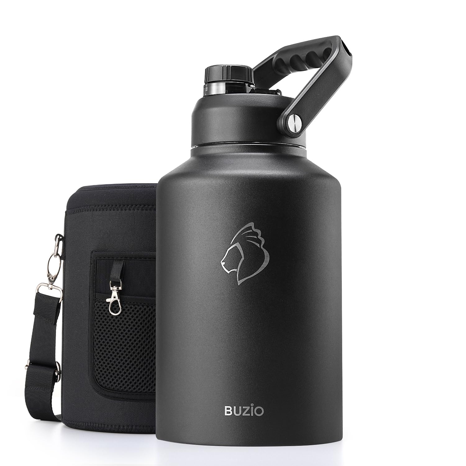 BUZIO vue avant de la gourde 1 gallon montrant capacité et finition durable