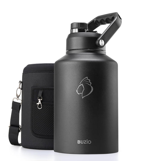 BUZIO vue avant de la gourde 1 gallon montrant capacité et finition durable