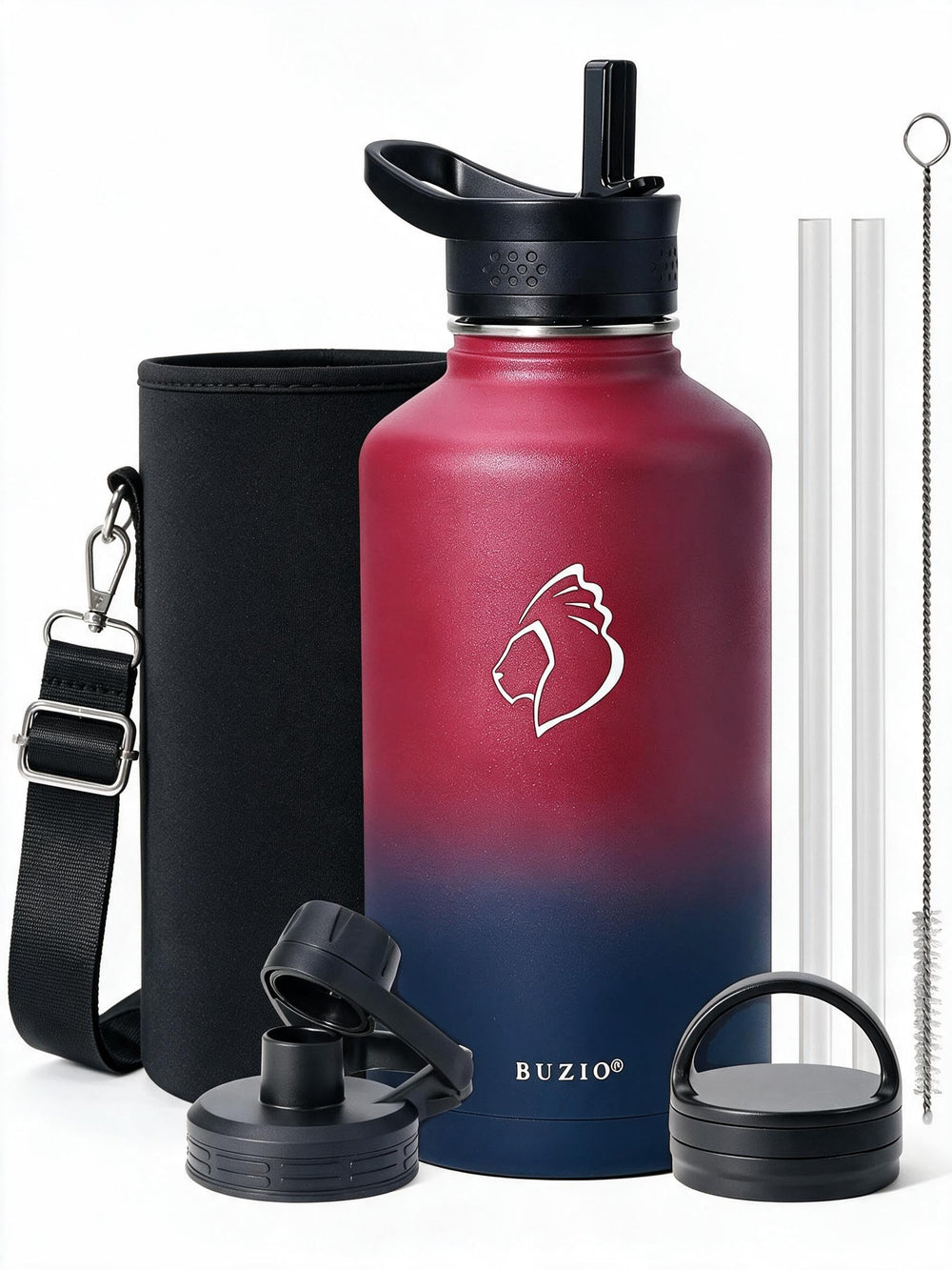 BUZIO vue de face montrant la bouteille 64 oz et sa finition résistante