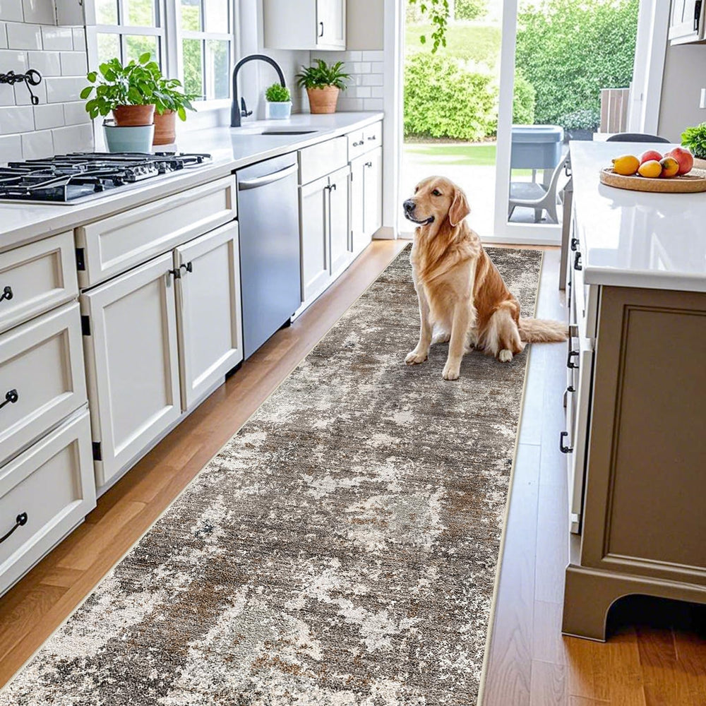 BYYVOO face avant du tapis montrant motif marron beige et finition durable