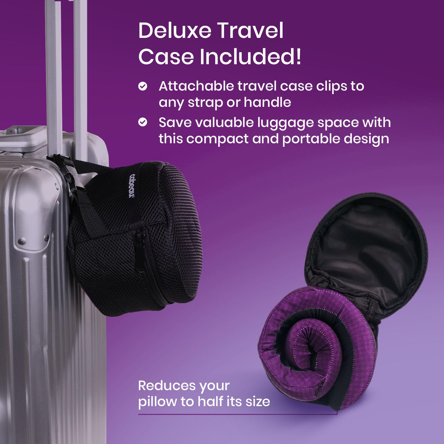 Cabeau Evolution Cool fixé au bagage avec clip plastique pour transport sécurisé