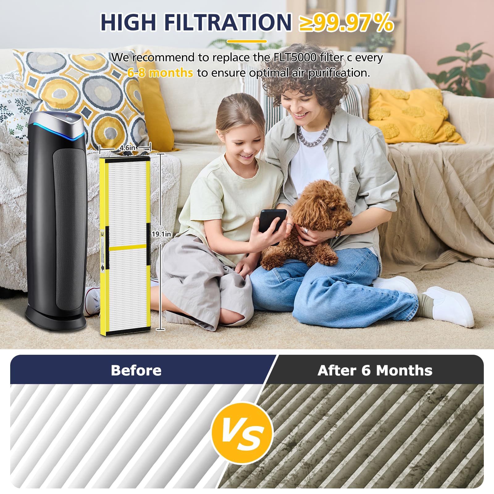 Salon avec purificateur équipé de filtres Cabiclean, améliore le confort olfactif et la qualité d'air