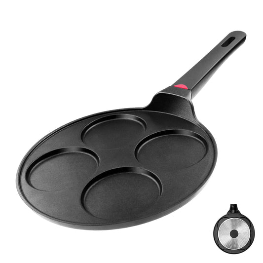 CAINFY poêle face avant montrant quatre empreintes pour pancakes, gain de temps