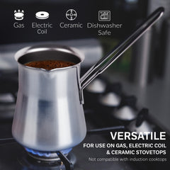 Caizen Coffee briki avec tasses montrant capacité pour 4–6 portions
