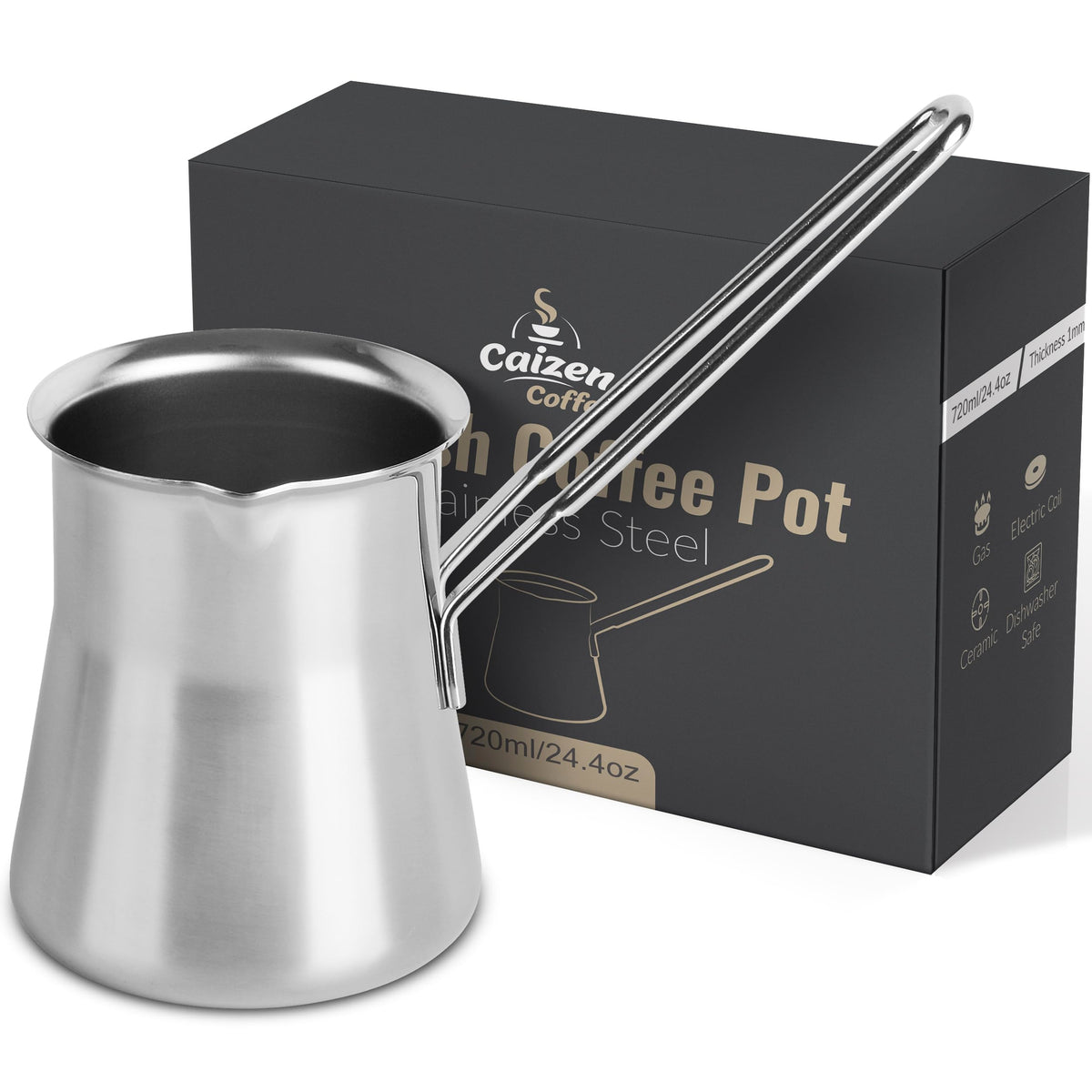 Caizen Coffee briki vue face montrant design élégant et robustesse